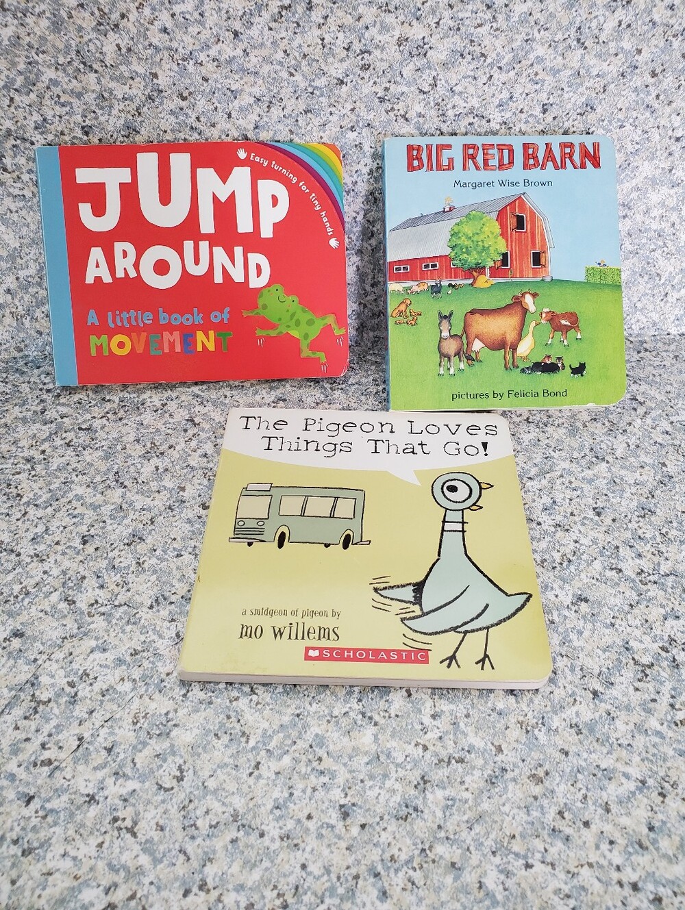 Lot Of 3 Board Books: Jump Around, Big Red Barn, The Pigeon Loves Things That Go